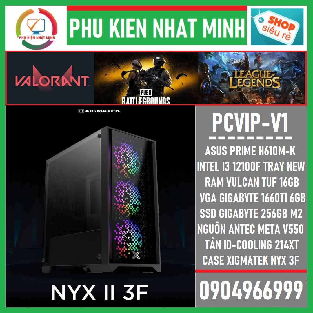 Bộ PC GAMING PCVIP-V1 H610M-K + I3 12100F + RAM 16GB + GIGABYTE 1660TI chiến tốt các loại game phổ thông