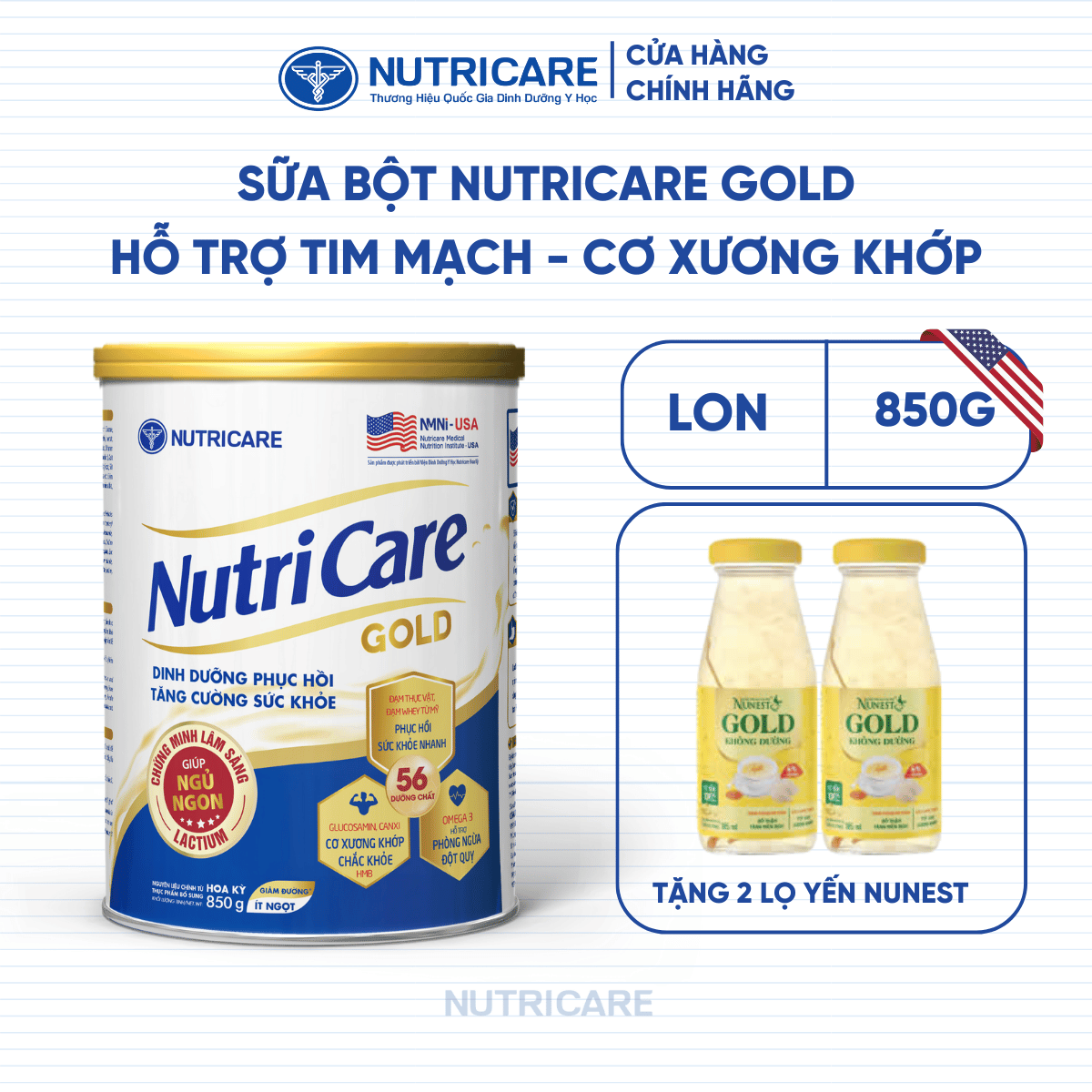 Sữa Bột Nutricare GOLD Giúp Ngủ Ngon Tiêu Hoá Khoẻ Tăng Cường Chức Năng Cơ Xương Khớp Dễ Hấp Thụ và Tiêu Hoá 850G/Lon