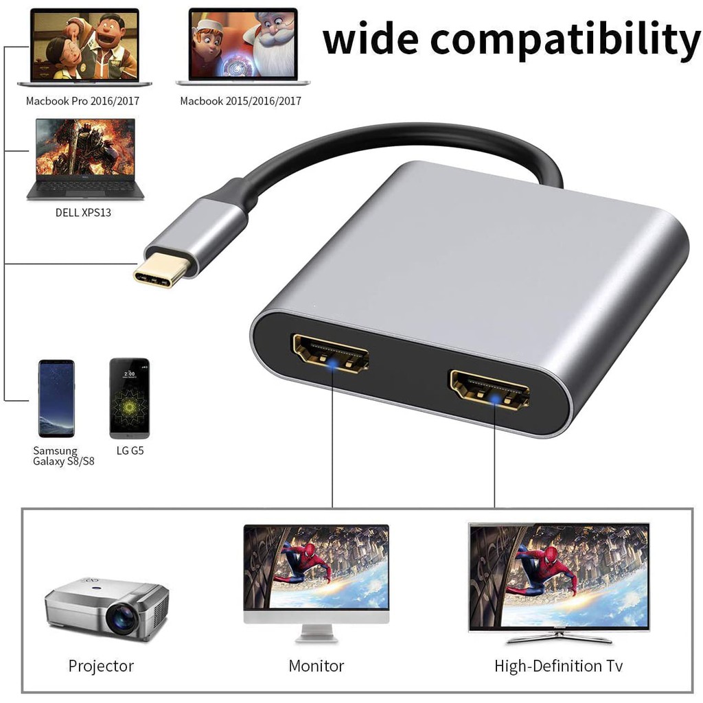 Hub type c ra 2 cổng HDMI + HDMI, usb, pd chuyên dùng Macbook, Dell XPS, hỗ trợ thunderbolt 3, 4