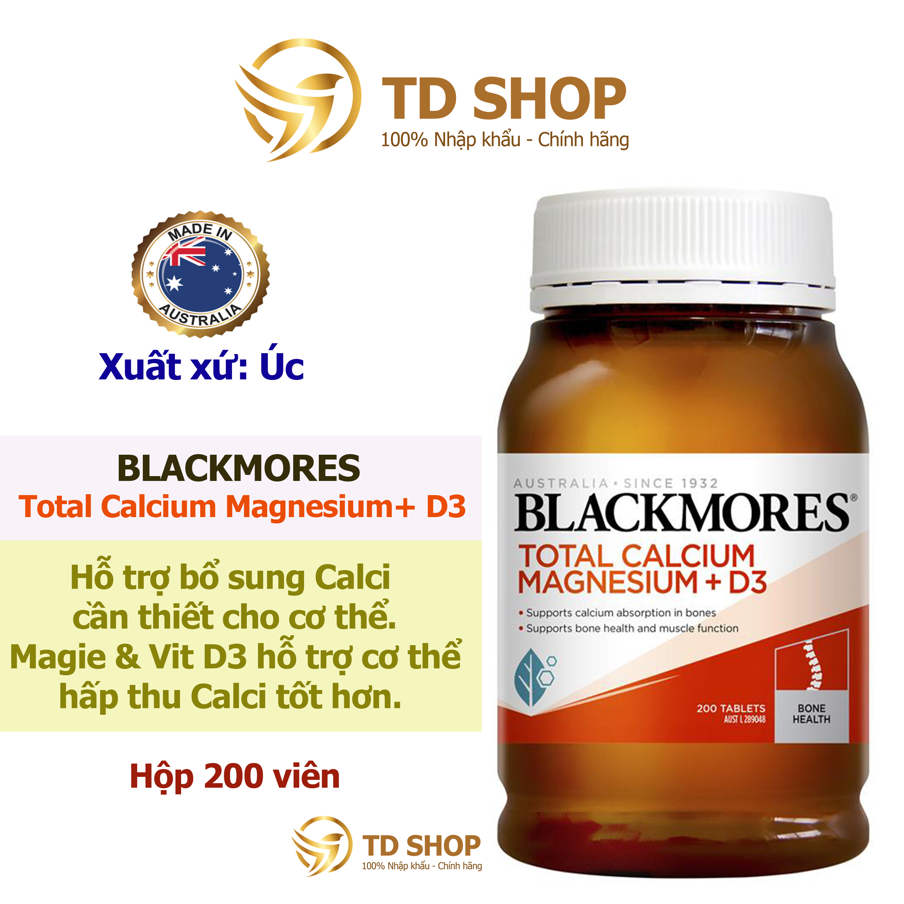 Viên uống hỗ trợ xương khớp Total Calcium & Magnesium + D3 Blackmores Úc