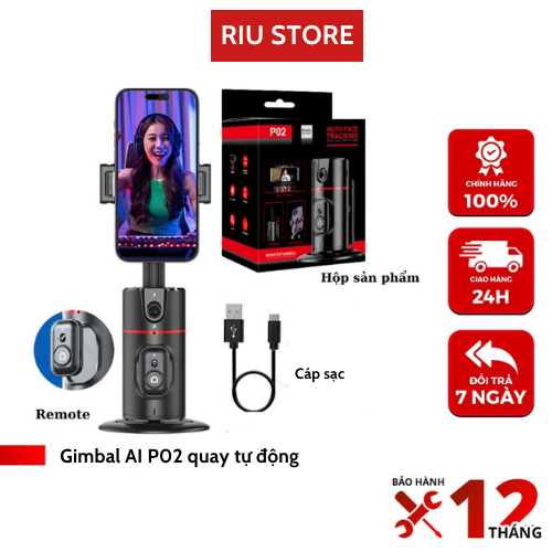 Gimbal AI thông minh có remote bluetooth P02 - Giá đỡ điện thoại quay video 360 độ điều khiển cử chỉ