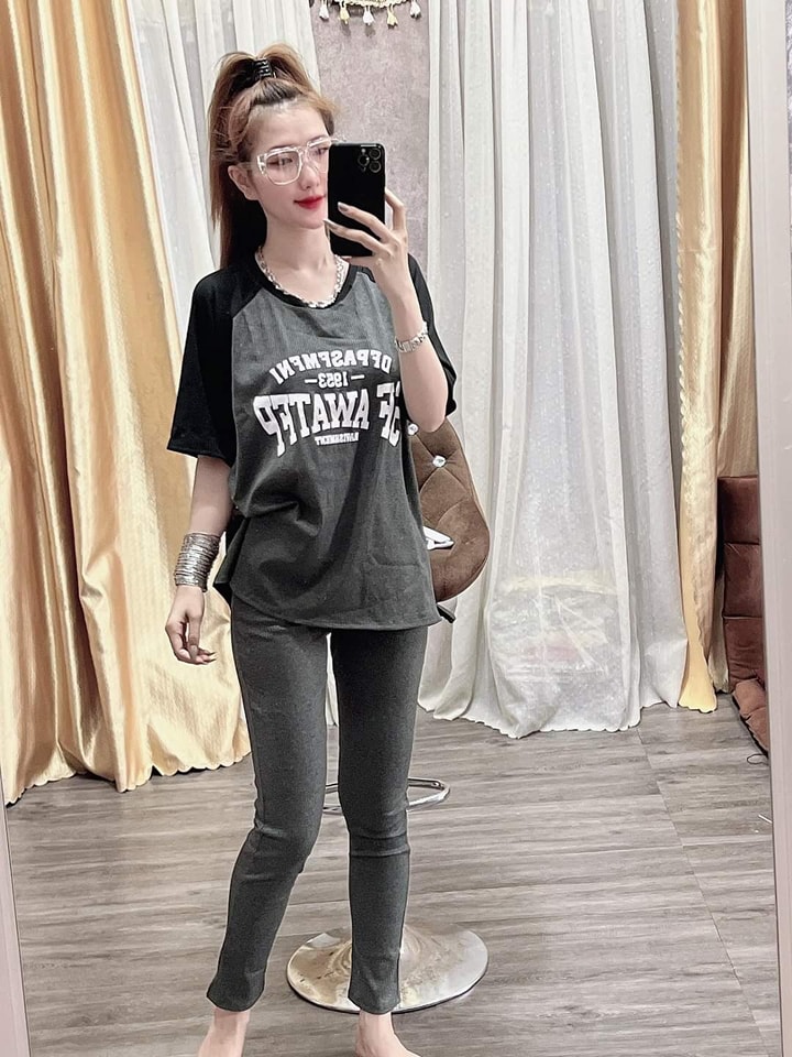 Set bộ cotton áo tay lỡ form rộng chữ in thời trang- sản phẩm y hình