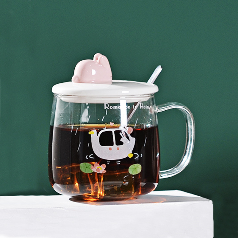 [Tặng Thìa Inox Cao Cấp] Ly Thủy Tinh JY-3302 - Ly Có Nắp Hình Thỏ Cute