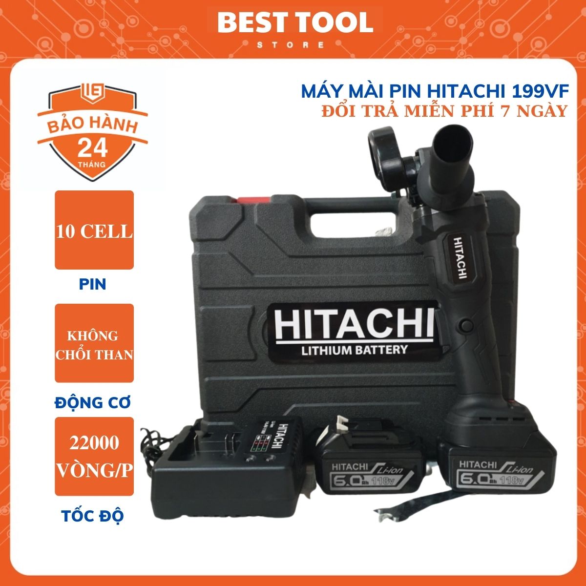 Máy mài pin hitachi 199V - Máy cắt cầm tay không chổi than hitachi - pin 10 cell cao cấp