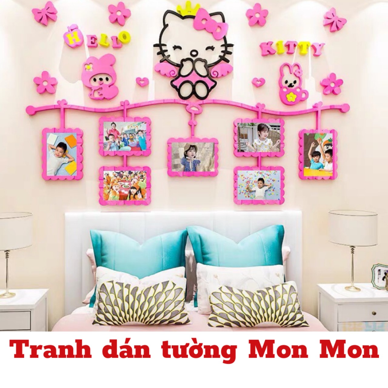 Tranh dán tường Mon Mon - Decal mica hình hello kitty kèm khung ảnh xinh xắn cho bé gái, tranh 3d nổi trang trí phòng bé