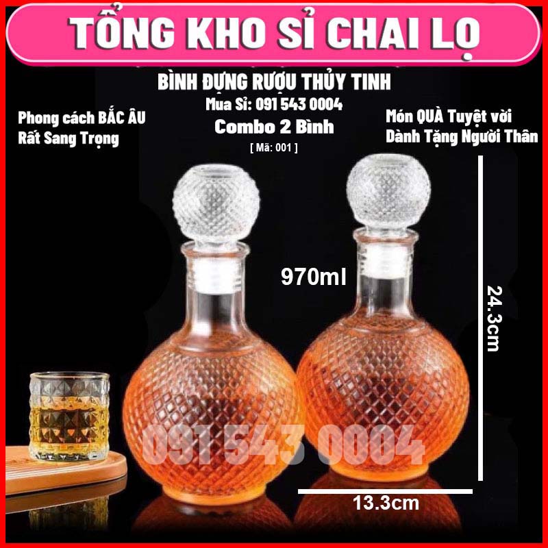 GIẢM SỐC combo 2 bình đựng rượu thủy tinh cao cấp phong cách Bắc Âu, dung tích 970ml/bình, mã 001