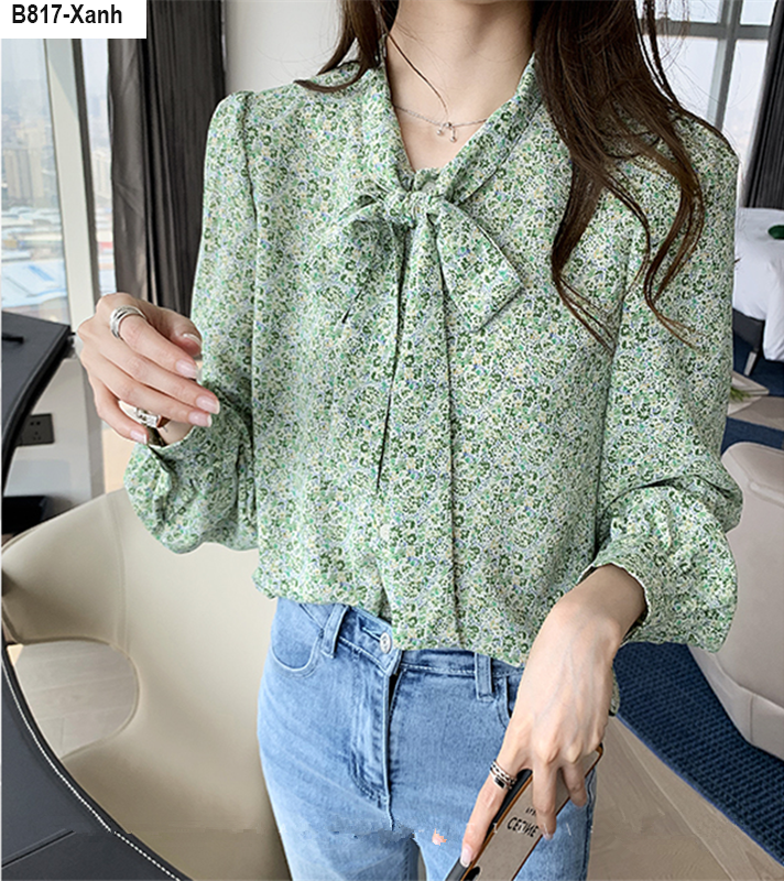 B817- áo sm hoa nhí lụa cột nơ