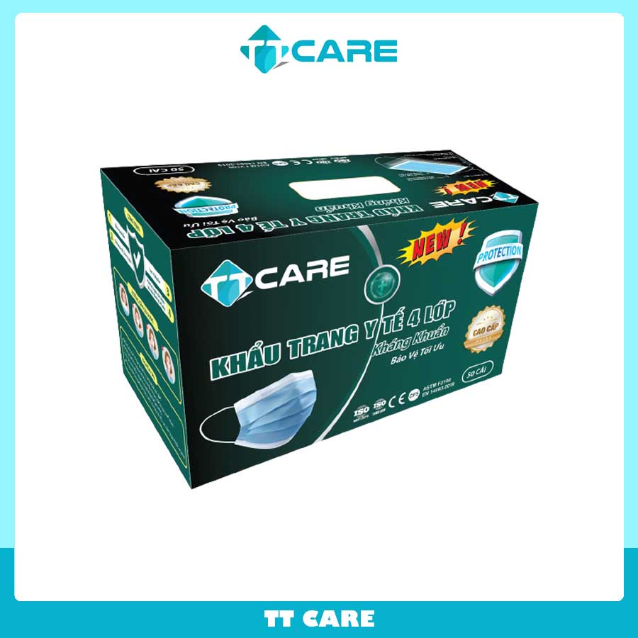(Hộp 50 cái) Khẩu Trang Y Tế 4 Lớp Siêu Kháng Khuẩn TT CARE Lọc Sạch Bụi Mịn Bảo Vệ Sức Khỏe Hiệu Quả có tem, Đạt Tiêu Chuẩn ISO Và Kiểm Định Bộ Y Tế ( Màu Trắng )
