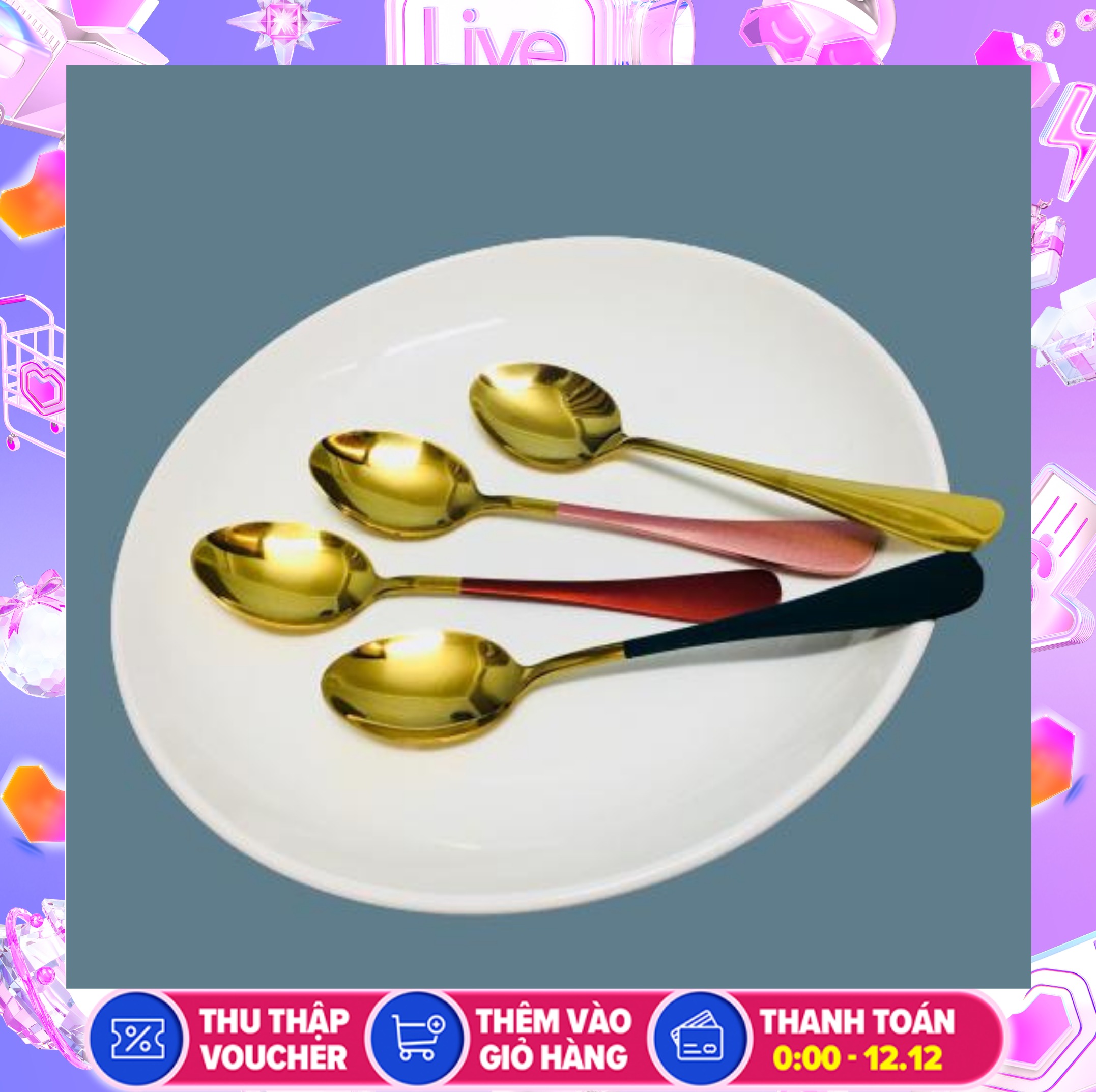 [COMBO 5] Thìa ăn cơm vàng siêu sang chảnh, thìa ăn tiện ích mang theo, thìa mạ vàng cán chắn chắn, MIX MÀU NGẪU NHIÊN