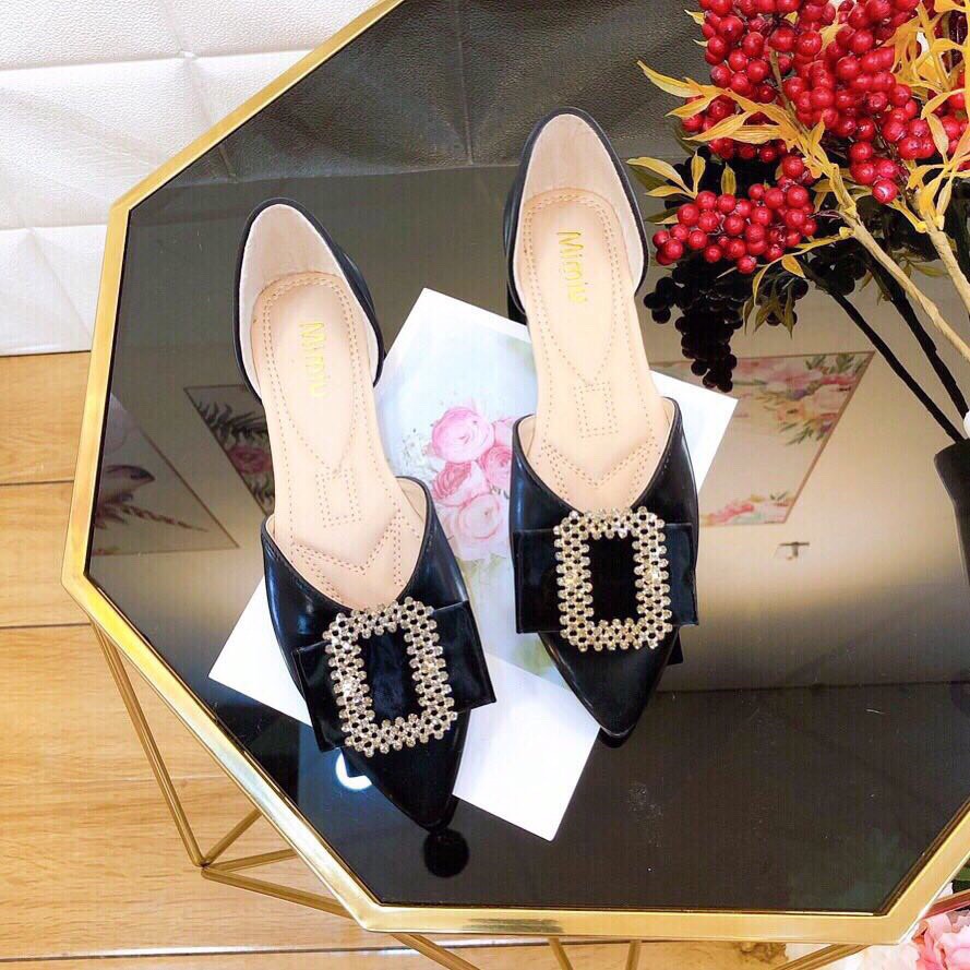 Giày búp bê nữ thời trang, giày đế bằng nữ mũi nhọn đế vuông coi đính đá kiểu dáng thanh lịch cao 2cm
