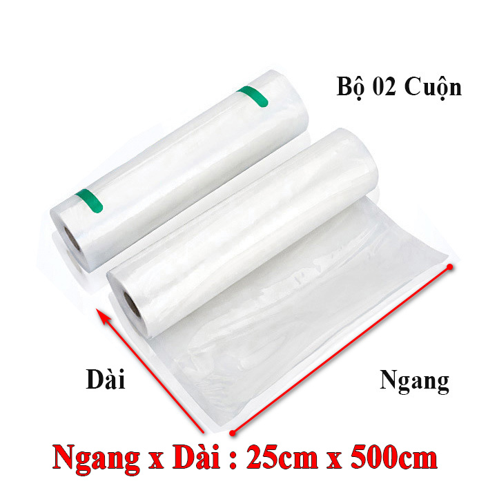 túi hút chân không 1 mặt nhám dạng cuộn 25x500cm, bộ 2 cuộn, hạt nhám sần, hàn kín kẽ, chiều dài mỗi cuộn 5 mét, chiều ngang 25cm, túi dẻo loại tốt