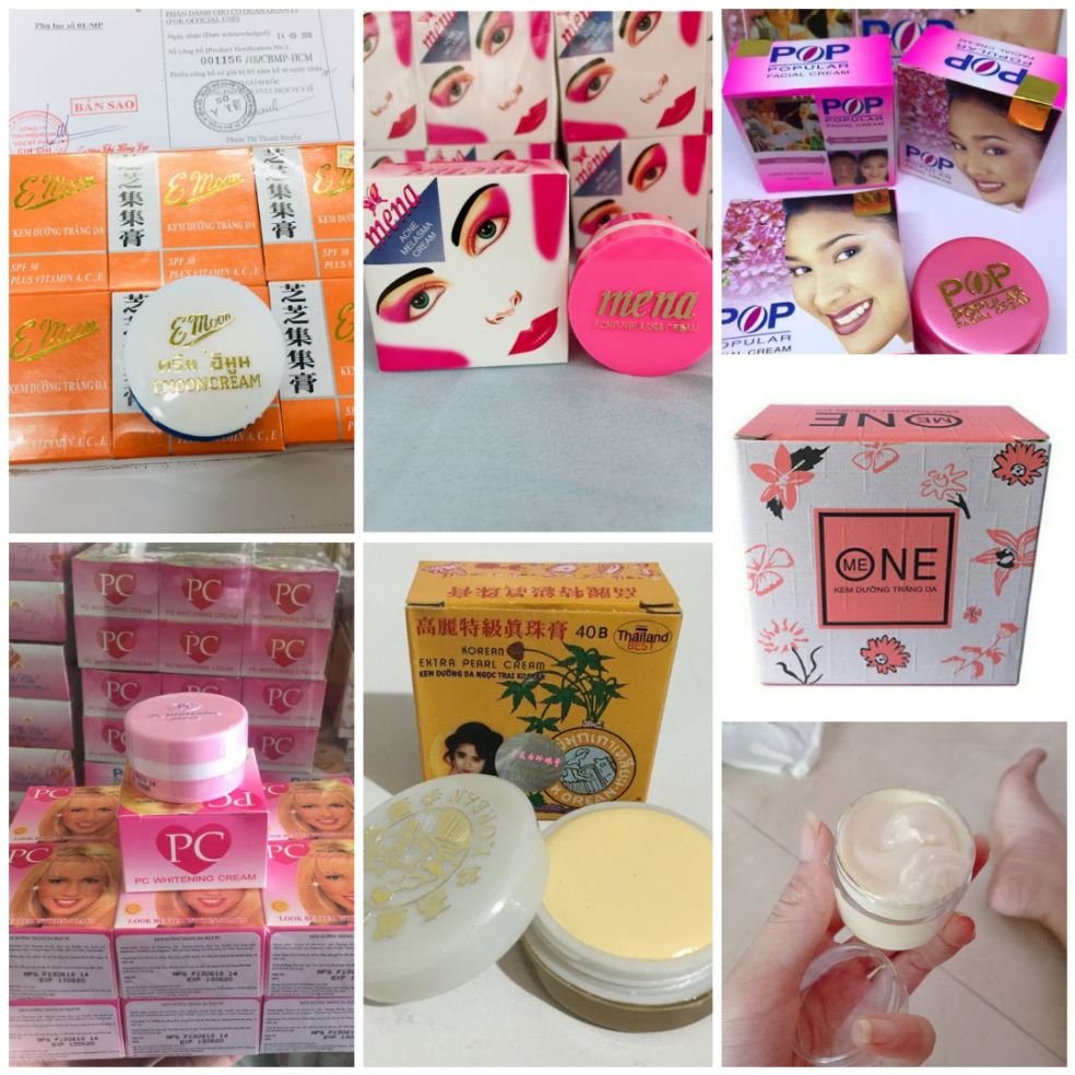 3 hộp mỗi loại . kem emon , kem mena , kem sâm vàng , kem pc , kem one , kem pop , kích trắng 50g