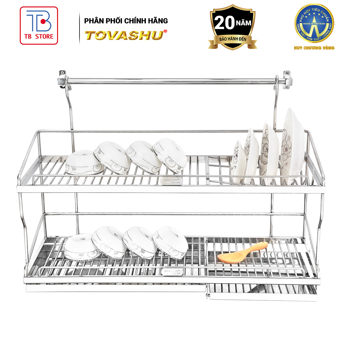 Kệ sóng chén treo tường 2 tầng có khay hứng nước ut2 tovashu inox 304, giá để chén đũa cao cấp, kệ úp chén bát - bảo hành 20 năm