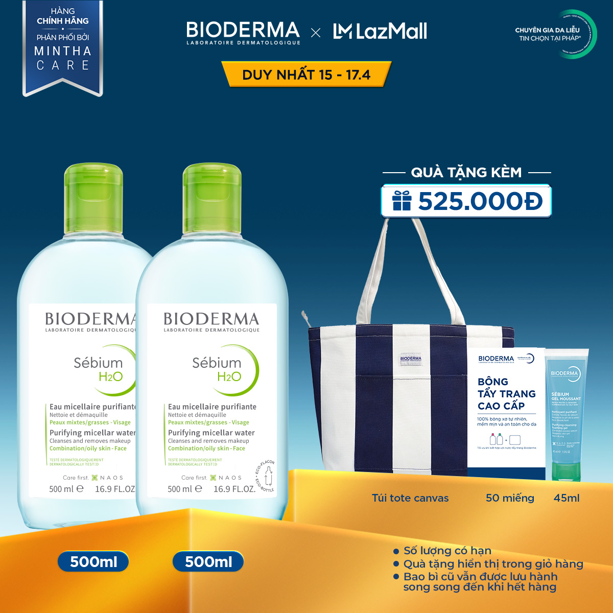 Bộ đôi nước tẩy trang Micellar cho da đầu mụn Bioderma Sebium H2O - 500mlx2