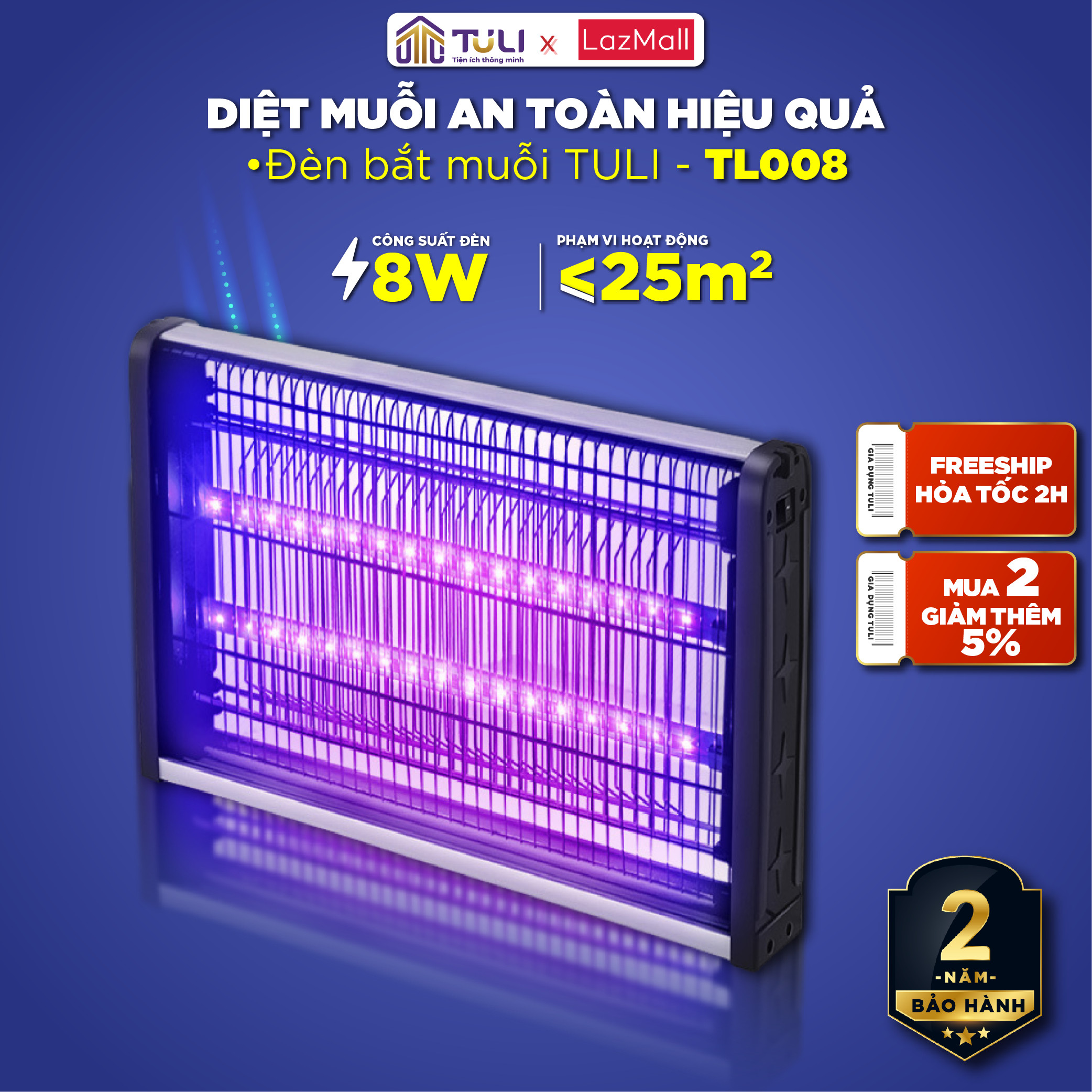 Đèn Bắt Muỗi TULI TL008, Công Suất 8W, Ánh Sáng Xanh Thu Hút Diệt Côn Trùng, Hiệu quả, BH 24 Tháng
