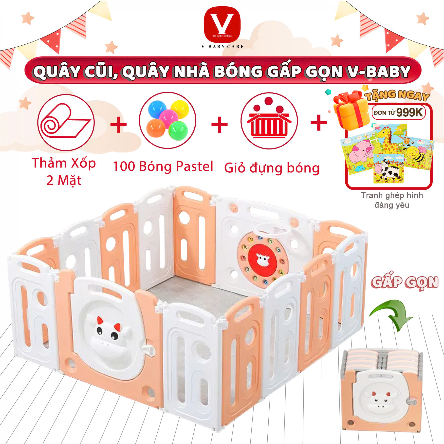 Quây Cũi Nhựa Gấp Gọn Cho Bé V-BABY 2025 Hình Con Bò - Kèm Quà Tặng