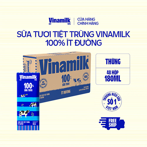 Thùng 48 Hộp Sữa tươi tiệt trùng Vinamilk 100% Ít Đường 180ml|Có thể nhận Bao Bì Cũ/Mới
