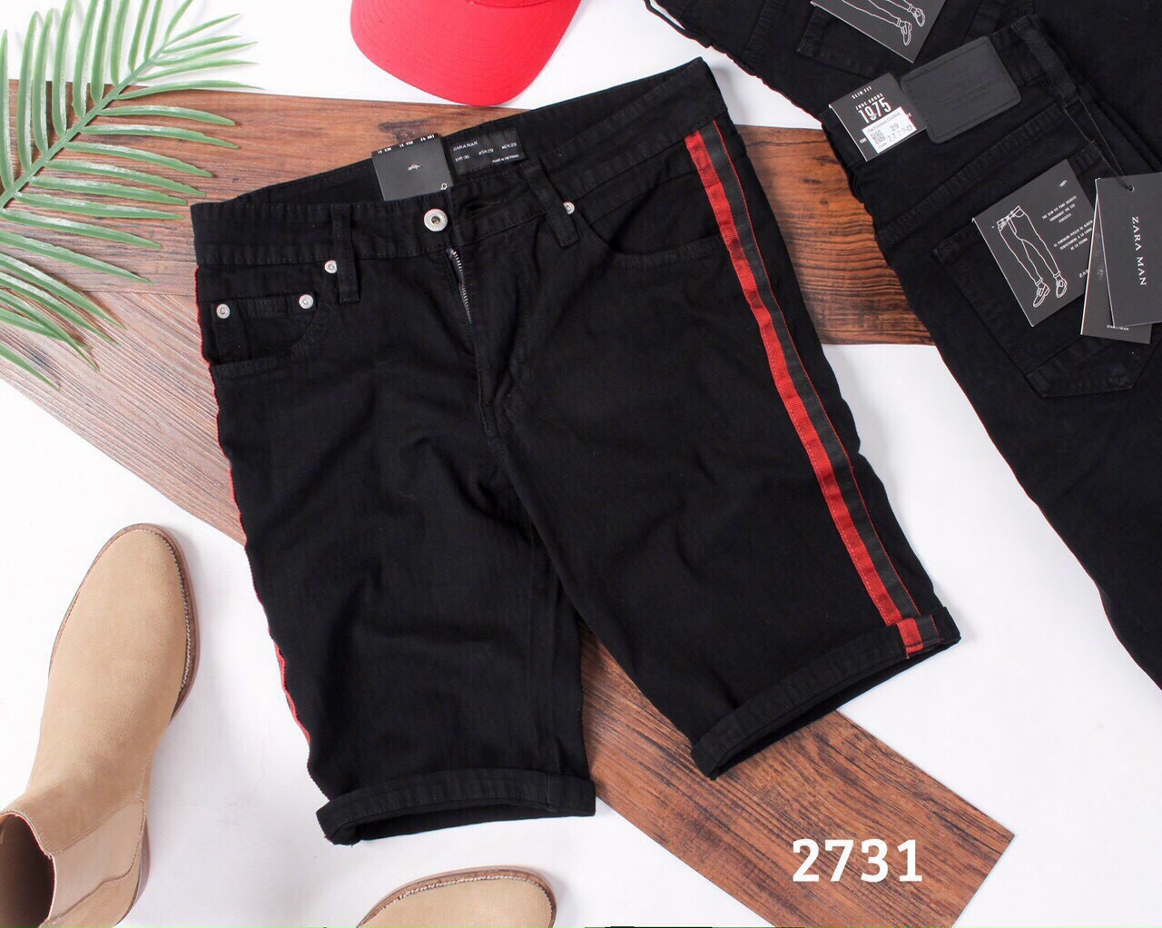 Quần short jean nam màu đen phối sọc đỏ cực đẹp chuẩn thời trang 2021 hàng Shop