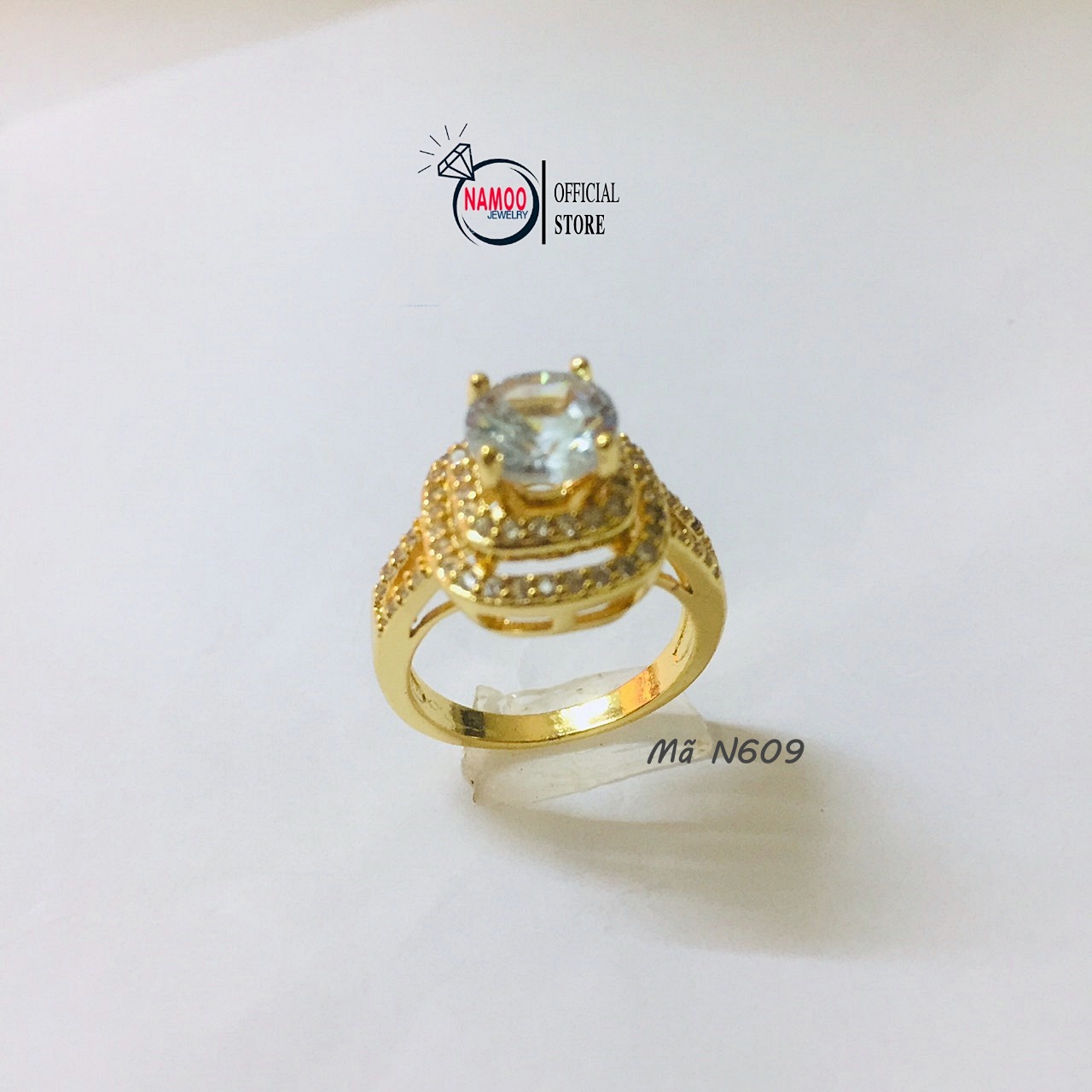 Nhẫn nữ đính đá bản lớn n609 đá trắng mạ vàng màu 18 namoo jewelry