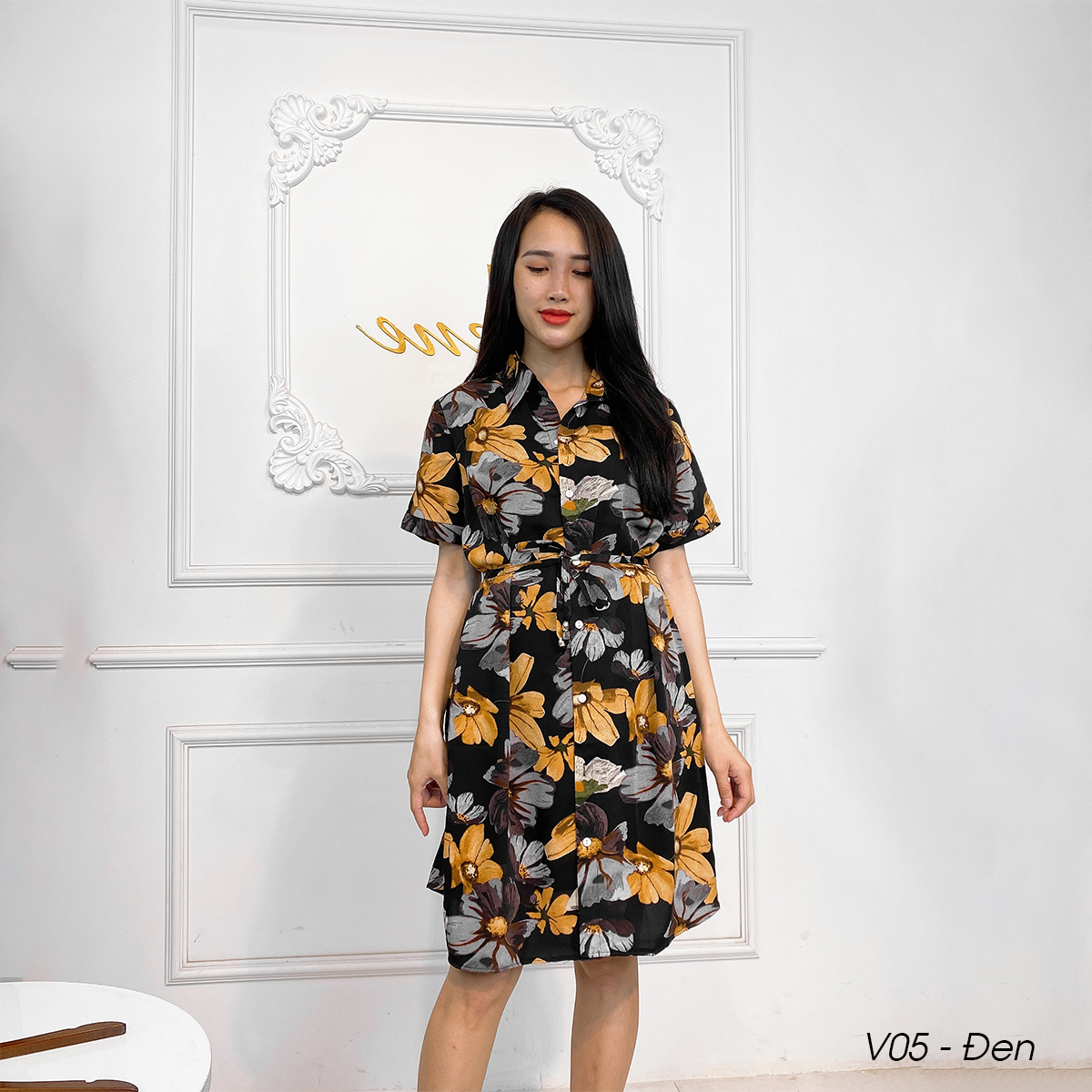 Váy xuông thời trang cổ bẻ đai buộc dây họa tiết 3D V05