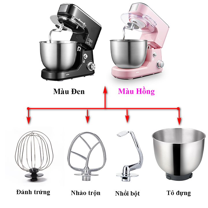 Phụ kiện thay thế máy nhào bột đánh trứng nhà bếp Shinechef 5 lít, đầu đánh trứng, đầu nhồi bột, đầu trộn thực phẩm, và âu trộn cho máy trộn bột đánh trứng sc236