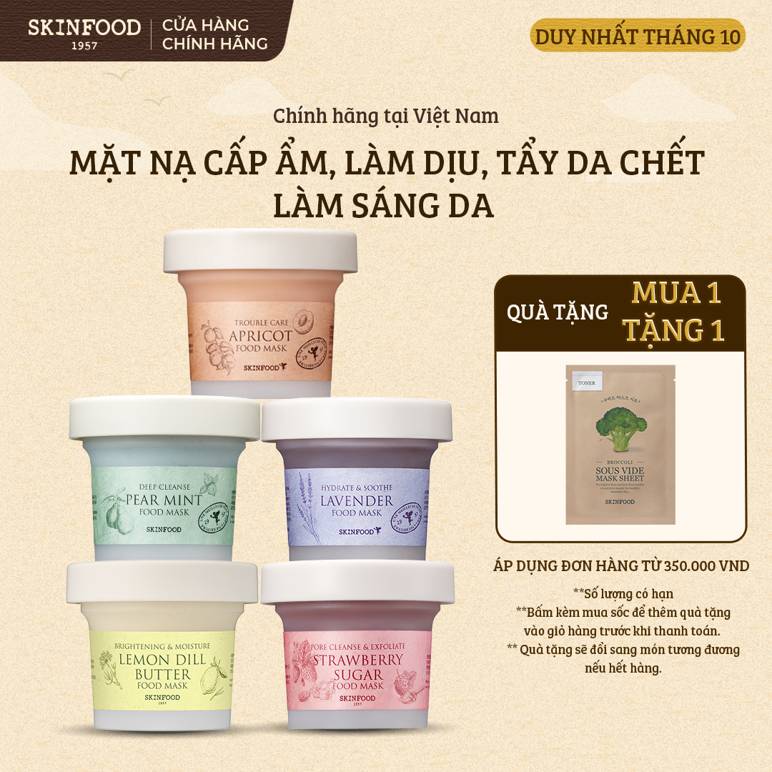 [10.10 | ĐH 300K TẶNG 3 MASK] Mặt Nạ Thực Phẩm SKINFOOD Oải Hương, Dâu Tây, Mật Ong, Quả Mơ,Lê Bạc Hà, Choco Mint, Chanh Thì Là Food Mask 120g