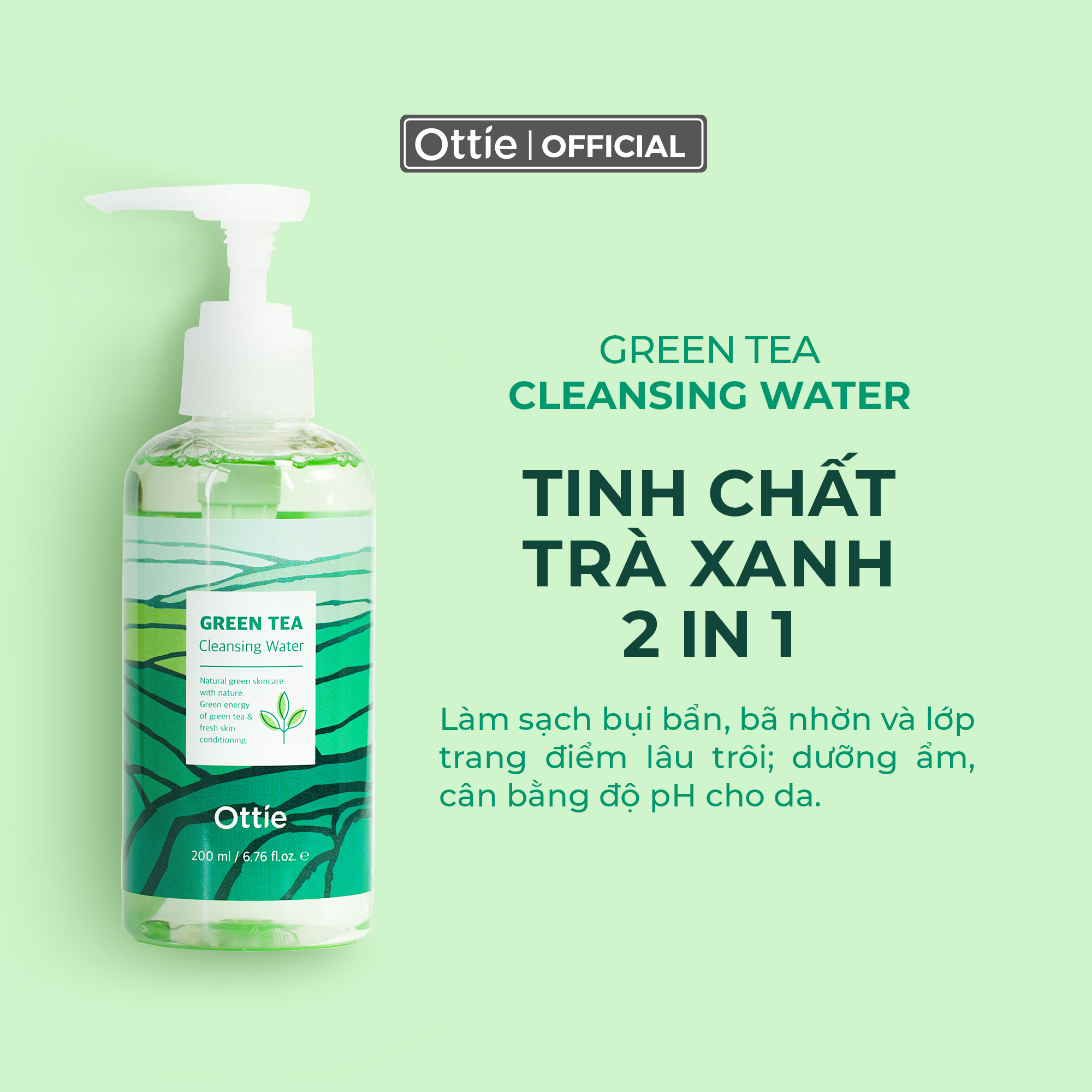 Nước Tẩy Trang Cho Da Dầu Mụn Trà Xanh Ottie Green Tea Cleansing Water Nước Tẩy Trang Dịu Nhẹ 200ml