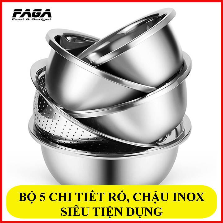 Bộ 5 chiếc chậu tô,rổ inox 18-26cm, Rổ inox đựng rửa đồ, nấu ăn đa năng, rổ rá, đồ dùng bếp