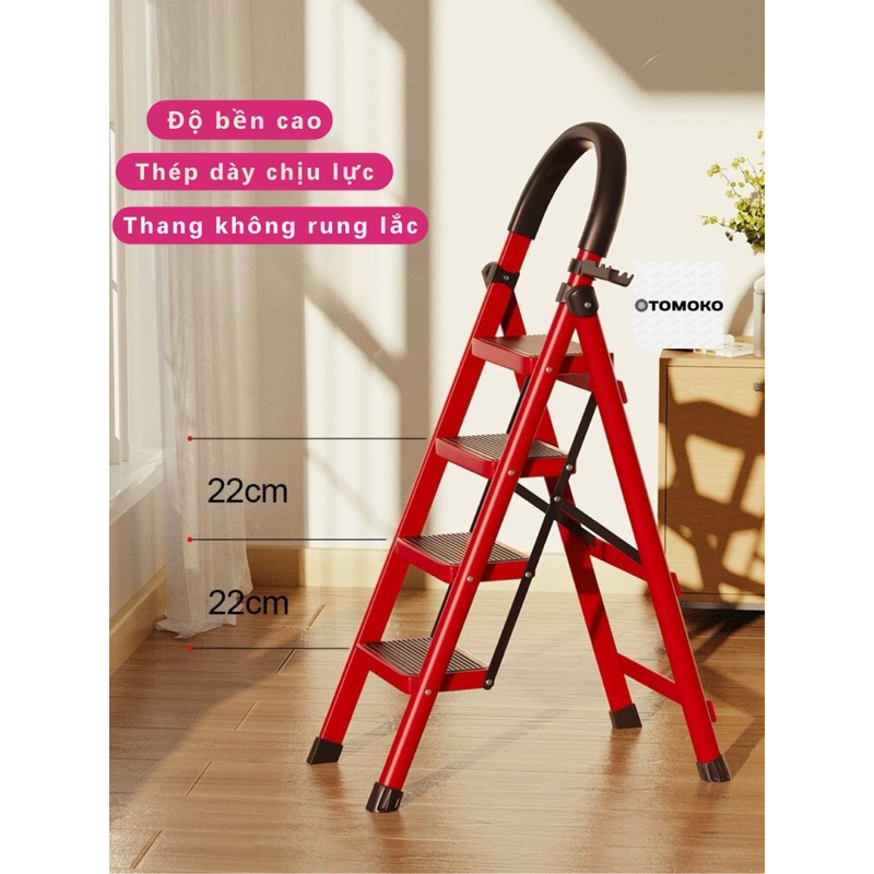 TOMOKO Thang thép carbon chữ a màu đỏ Gấp Gọn Thang Gấp 4-5-6 Bậc Tải Trọng 150kg