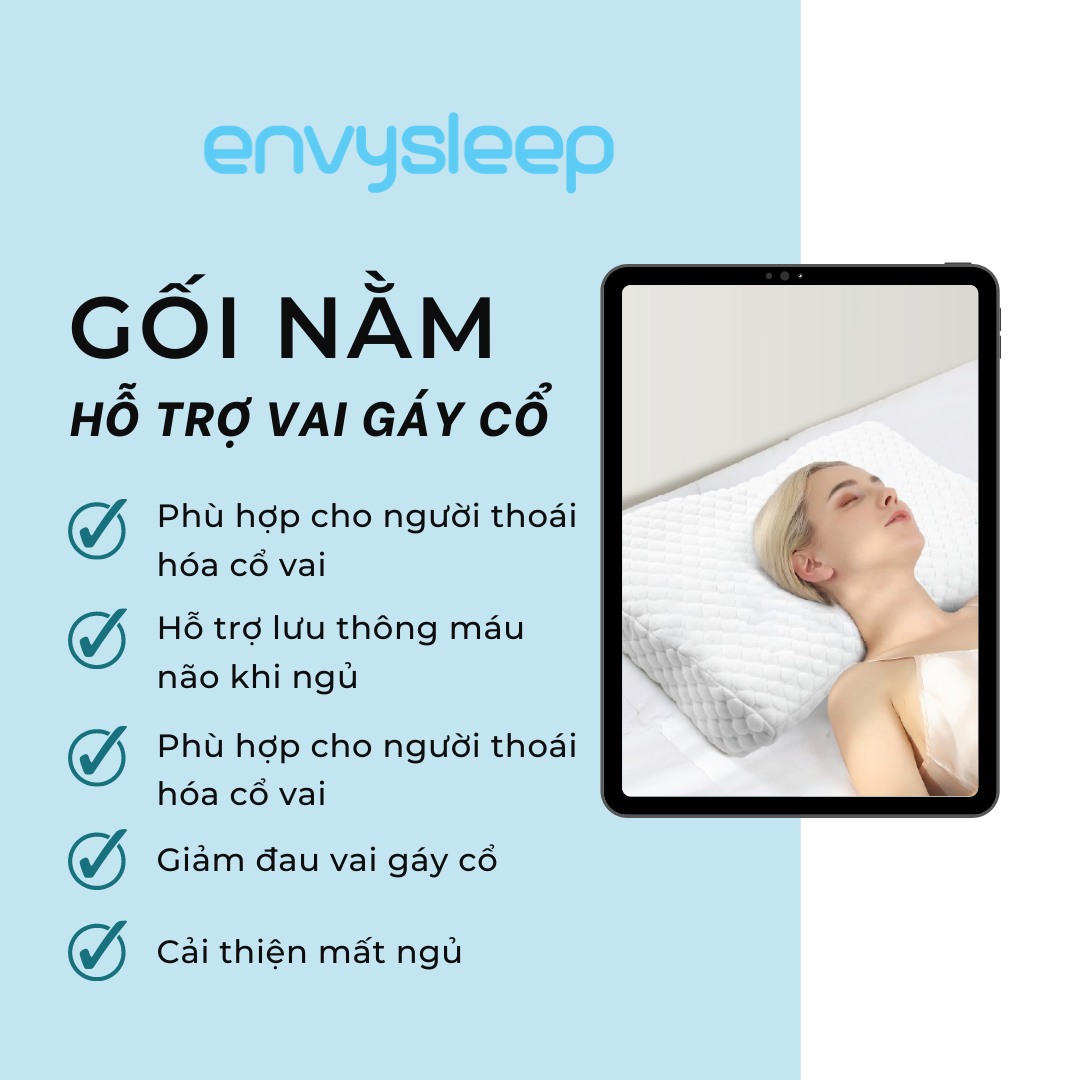 Gối nằm cao su non memeory foam hỗ trợ đốt sống cổ và vai chính hãng envysleep - size 50x30x15cm