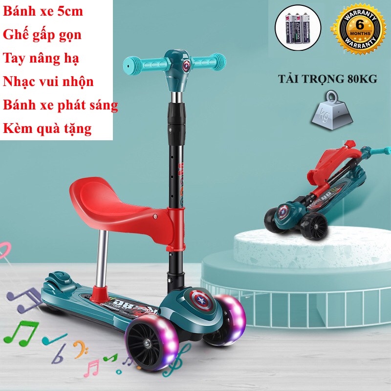 Xe scooter CHICAGO 3 bánh tự cân bằng bánh quay tròn phát sáng có ghế gấp gọn có nhạc và đèn LED (Xanh)
