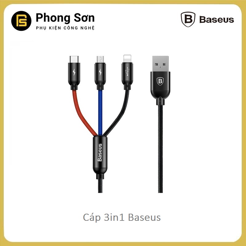 Cáp sạc 3 trong 1 Baseus  (3 cổng sạc Lightning, Micro USB và Type-C). Hỗ trợ sạc nhanh 3.5A