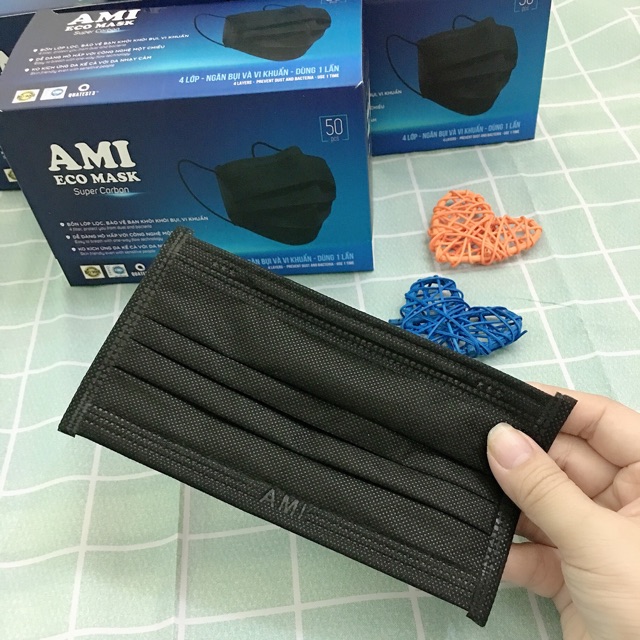 [SIÊU HOT - Màu đen cá tính] Hộp 50 chiếc khẩu trang y tế AMI màu đen 4 lớp đạt tiêu chuẩn ISO 9001/AMI ECO MASK Super Carbon