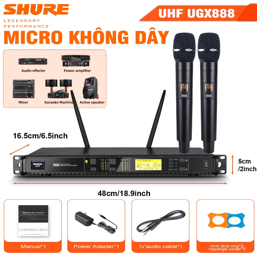    TẶNG KÈM 2 MIC   Micro Không Dây SHURE ugx888 - Bộ 2 Micro Karaoke + Đầu Thu Không Dây Tần Sóng UHF Bắt Sóng Mạnh Mẽ Độ Nhạy Cao Hút Âm Chống Hú Rít Micro Karaoke Gia Đình BH 12 Tháng 