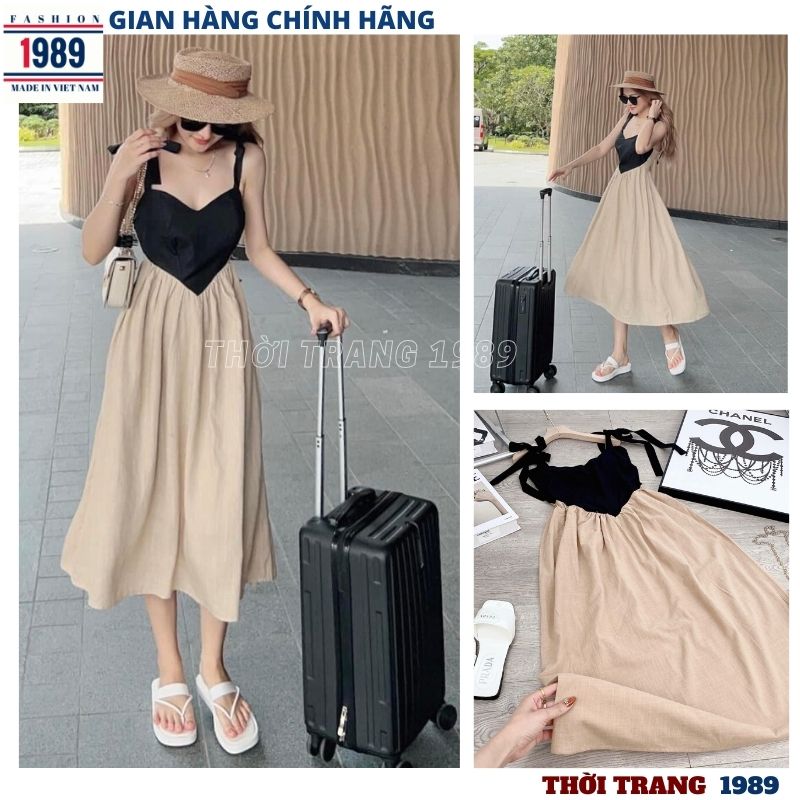 Đầm maxi cổ yếm phối mầu đen be kiểu dáng hàn quốc -váy đi biển ,váy vòa bồng ,đầm dự tiệc cổ yếm tiểu thư dễ thương sang chảnh hót hít ulzzang -THỜI TRANG 1989