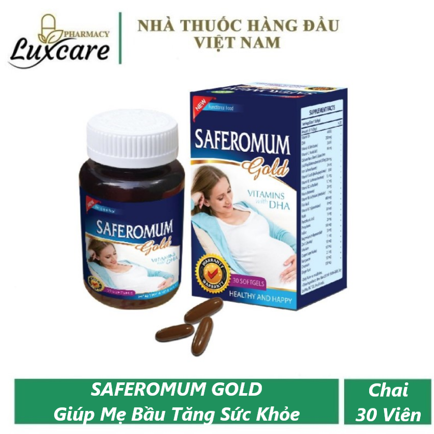 [HCM]SAFEROMUM GOLD - Giúp Mẹ Bầu Khỏe Khỏi Lo Ốm Nghén - Chai 30 Viên - Luxcare