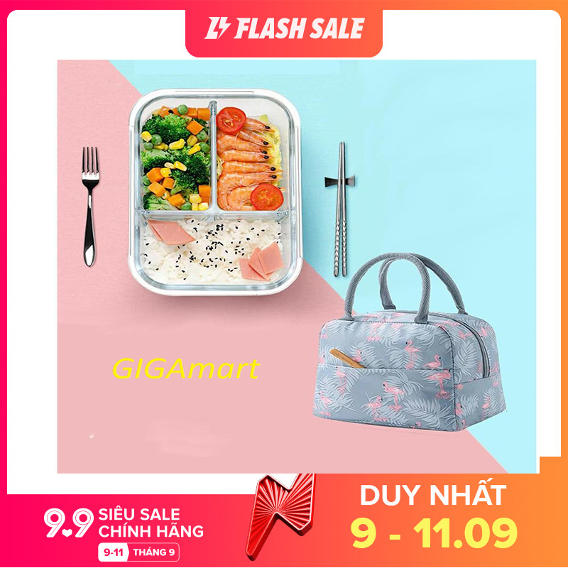 Bộ Hộp Đựng Cơm Thủy Tinh 3 Ngăn kèm túi giữ nhiệt và bộ thìa đũa inox