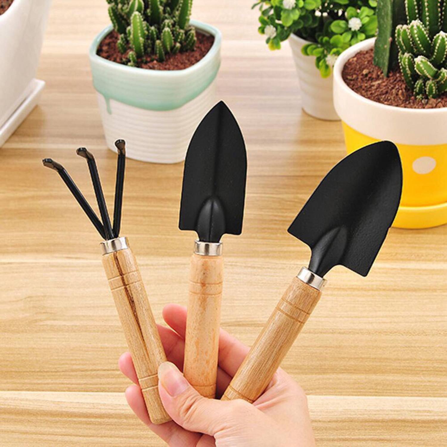 Bộ cuốc xẻng 3 món size m - cán gỗ làm vườn tiện lợi