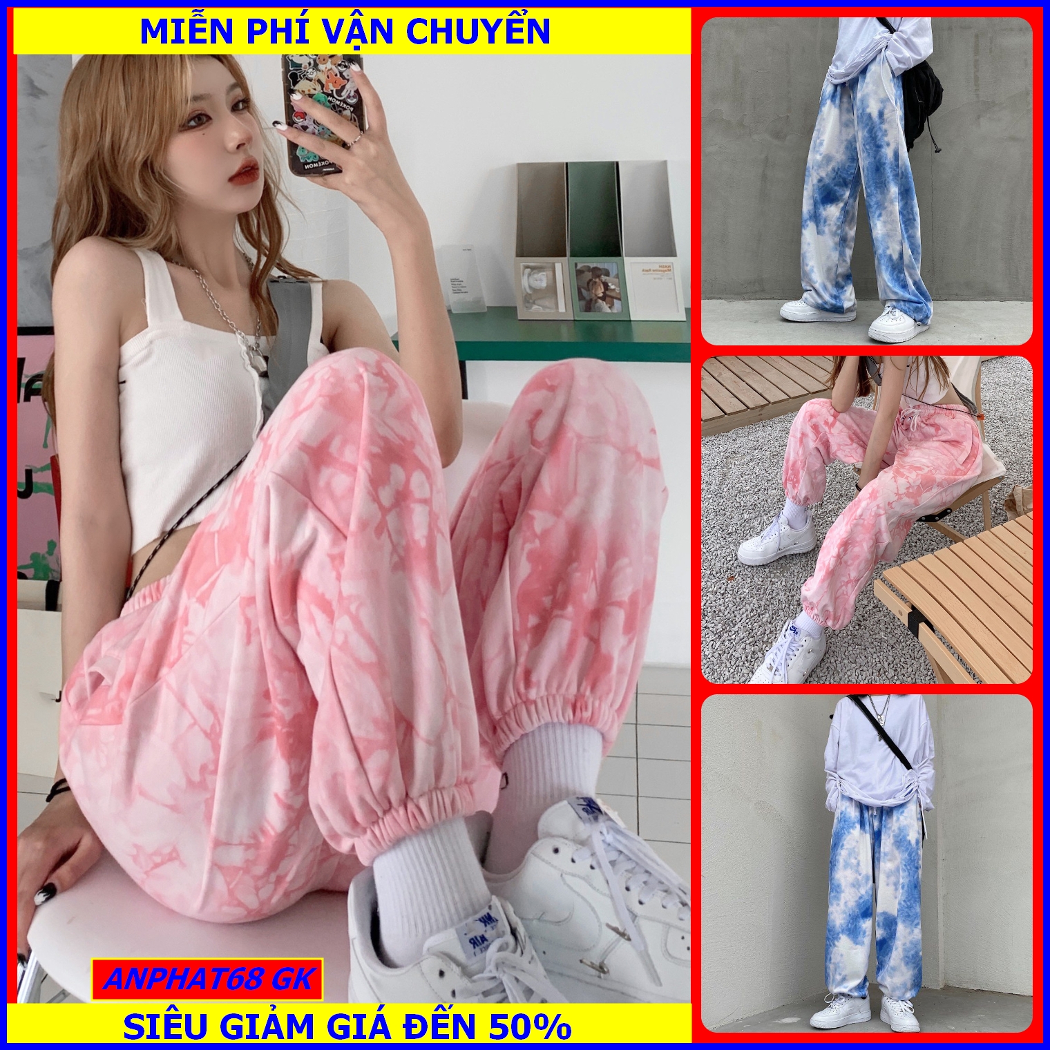 [HCM]Quần Jogger Nữ Loang Màu Xanh Hồng Mẫu Mới  ANPHAT68 GK Quần Jogger ống Túm Có Dây Rút