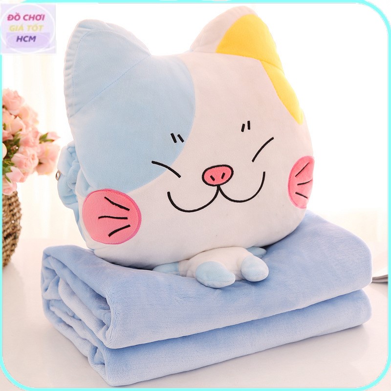 Bộ chăn gối mèo hoạt hình 3 in 1 mền mịn - bộ chăn gối ngủ văn phòng hình mèo gập gọn đem đi du lịch bằng vải bông mềm