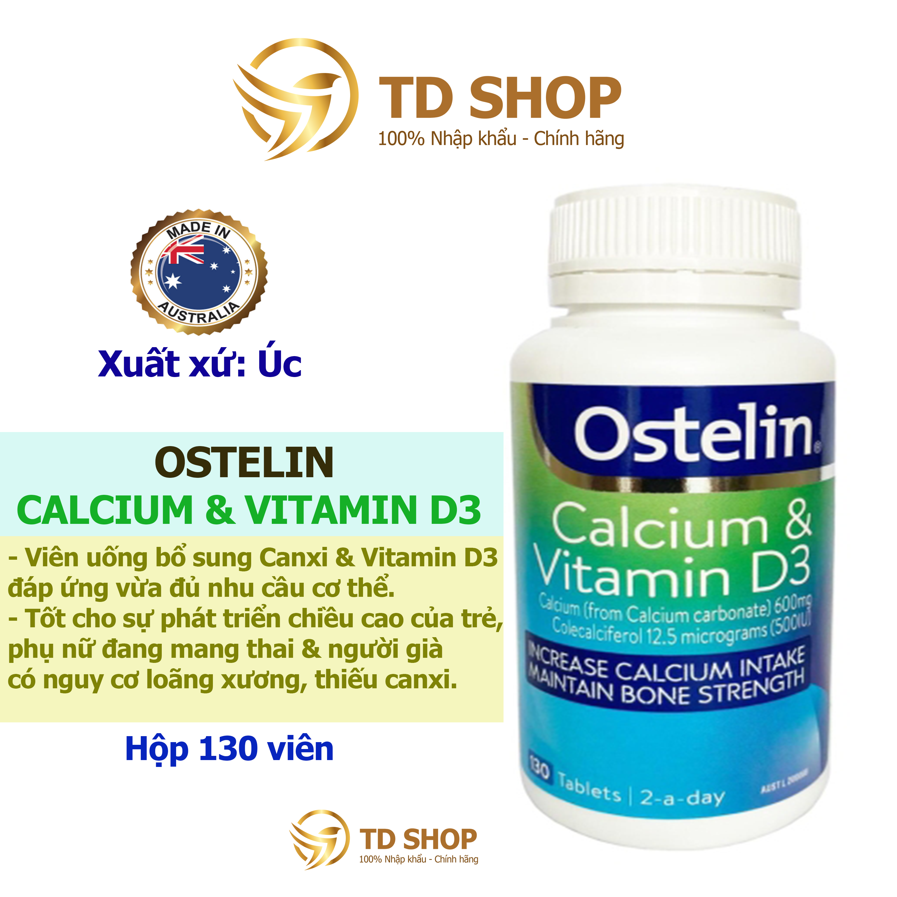 Calcium & Vitamin D3, Canxi bầu úc Ostelin, Canxi sau sinh 130 viên