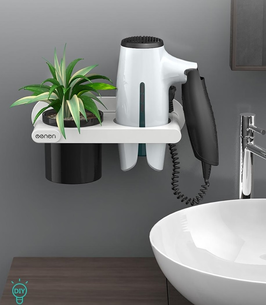 Kệ Để Máy Sấy Tóc OENON kèm cốc để đồ nhà tắm chất liệu nhựa ABS cao cấp lắp đặt dán tường
