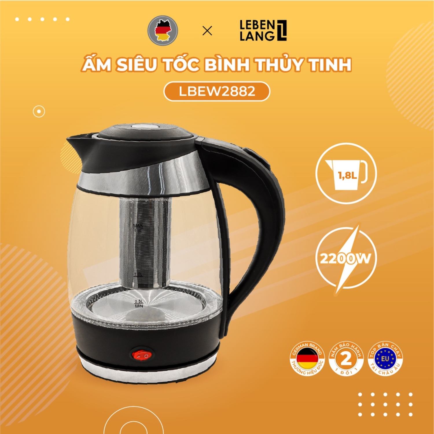 Ấm siêu tốc Lebenlang LBEW2882 gồm lõi lọc trà bằng inox 1.8 lít thủy tinh, thương hiệu Đức bảo hành 2 năm