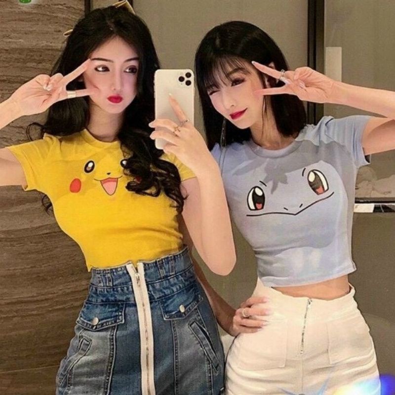 DIVA Áo Kiểu Nữ Body Croptop Tay Ngắn In Hình Pikachu June