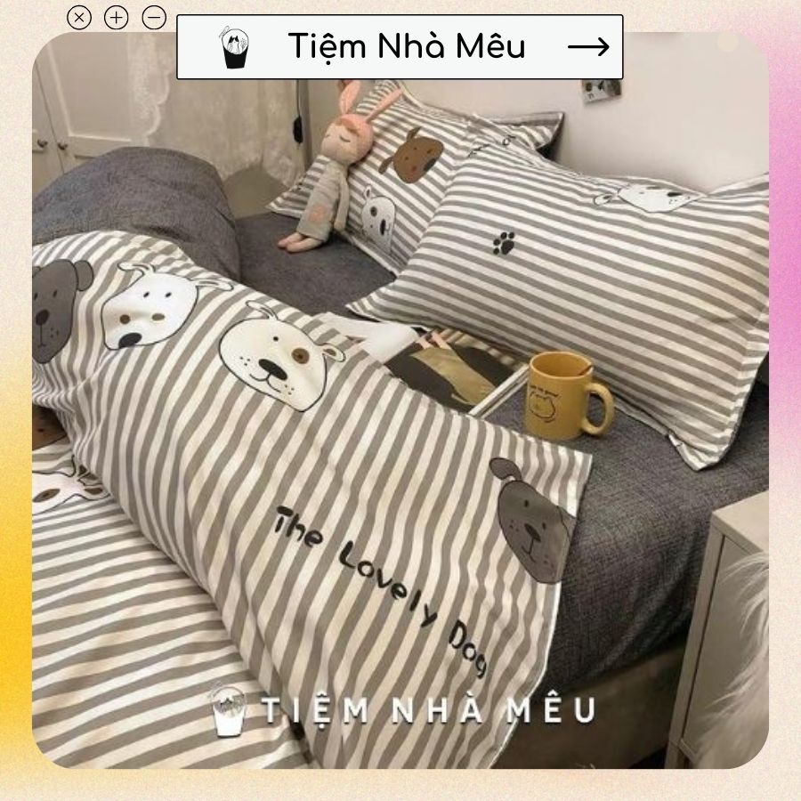 Bộ chăn ga gối cotton 3d đủ size tiệm nhà mêu 2 vỏ gối drap vỏ chăn cotton chó gấu hàng cao cấp