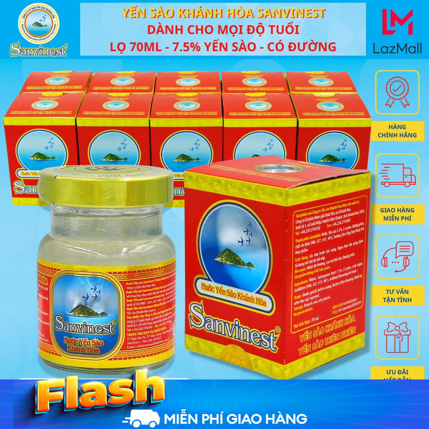 Nước Yến Sào Dành Cho Mọi Độ Tuổi CÓ ĐƯỜNG, Lọ 70Ml, 7.5% Yến Sào Khánh Hòa Sanvinest. Tăng Sức Đề Kháng, Phục Hồi Sức Khỏe Nhanh Chóng.