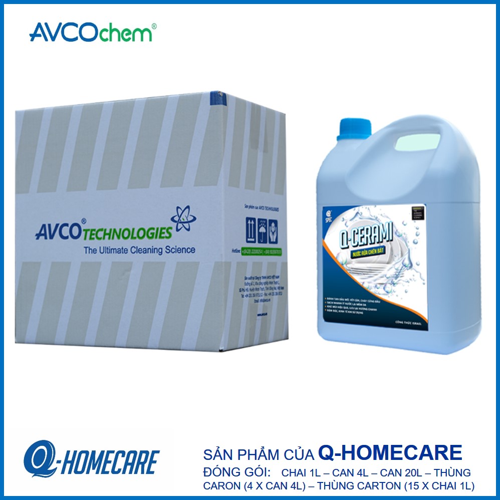 Nước rửa chén đậm đặc Q-Cerami thùng carton (4 x can 4 lít) - Avcochem - Q-Homecare, giúp đánh tan dầu mỡ, vết cặn, cháy cứng đầu, khử mùi hiệu quả, lưu lại hương chanh thơm mát