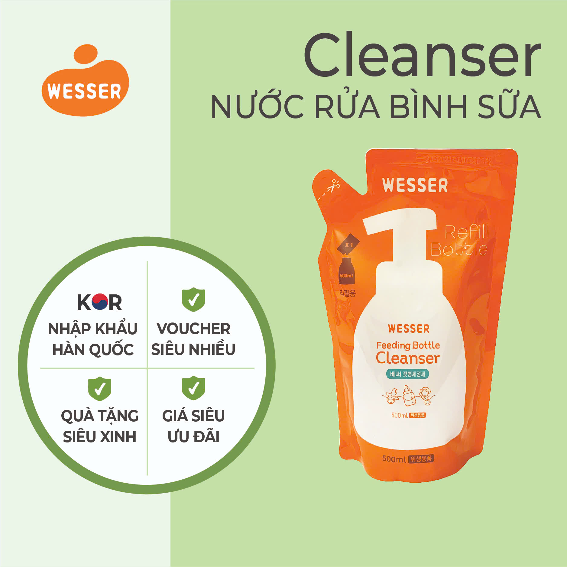 Nước rửa bình sữa Wesser dạng gói 500ml (Nhập khẩu)