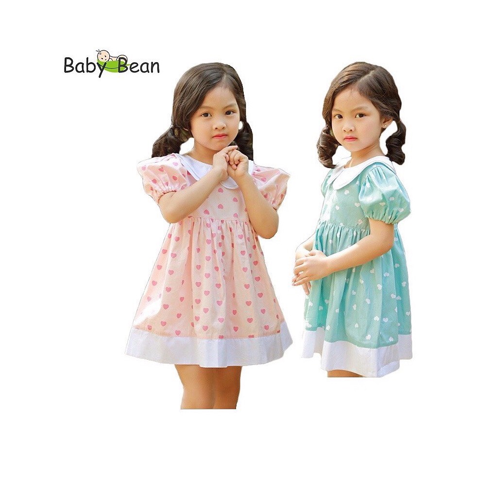 Váy đầm cotton cổ sen 2 lá họa tiết trái tim bé gái babybean