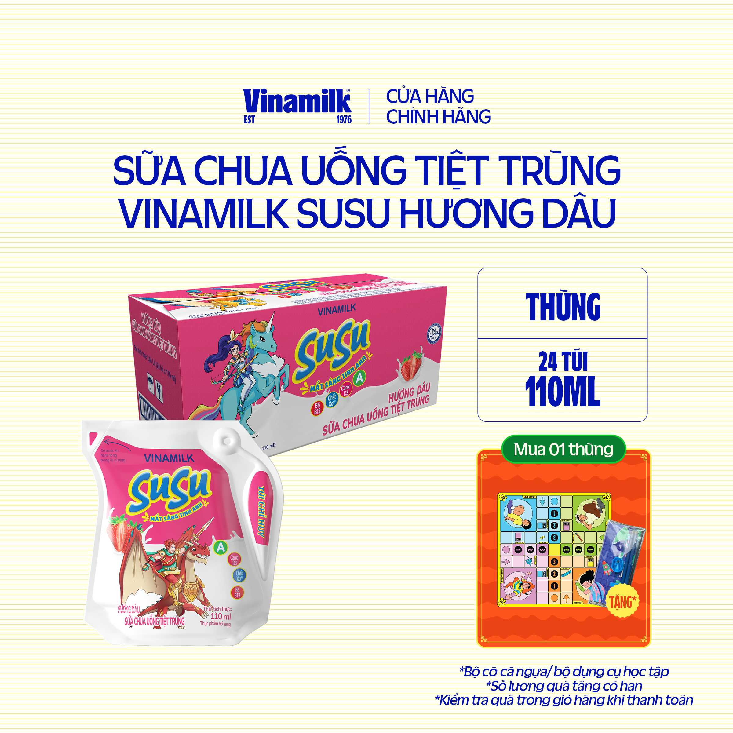 3 Thùng Sữa chua uống tiệt trùng hương Dâu Vinamilk Susu Túi 110ml 24 Túi/Thùng